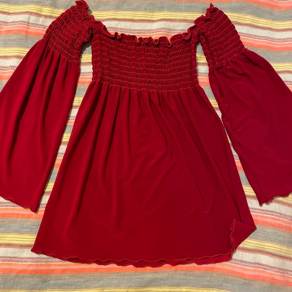 off the shoulder blouse with ruching on sleeves and bodice